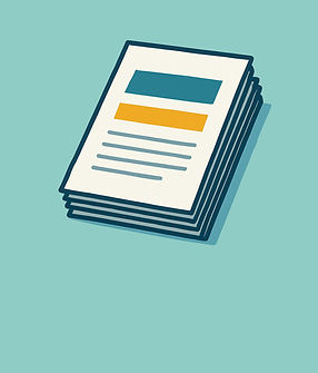 Stack of printed beige flyers with teal and gold graphic design on teal background.