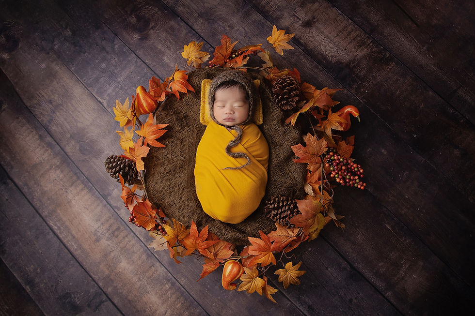 enfant entouré de feuille en séance photo