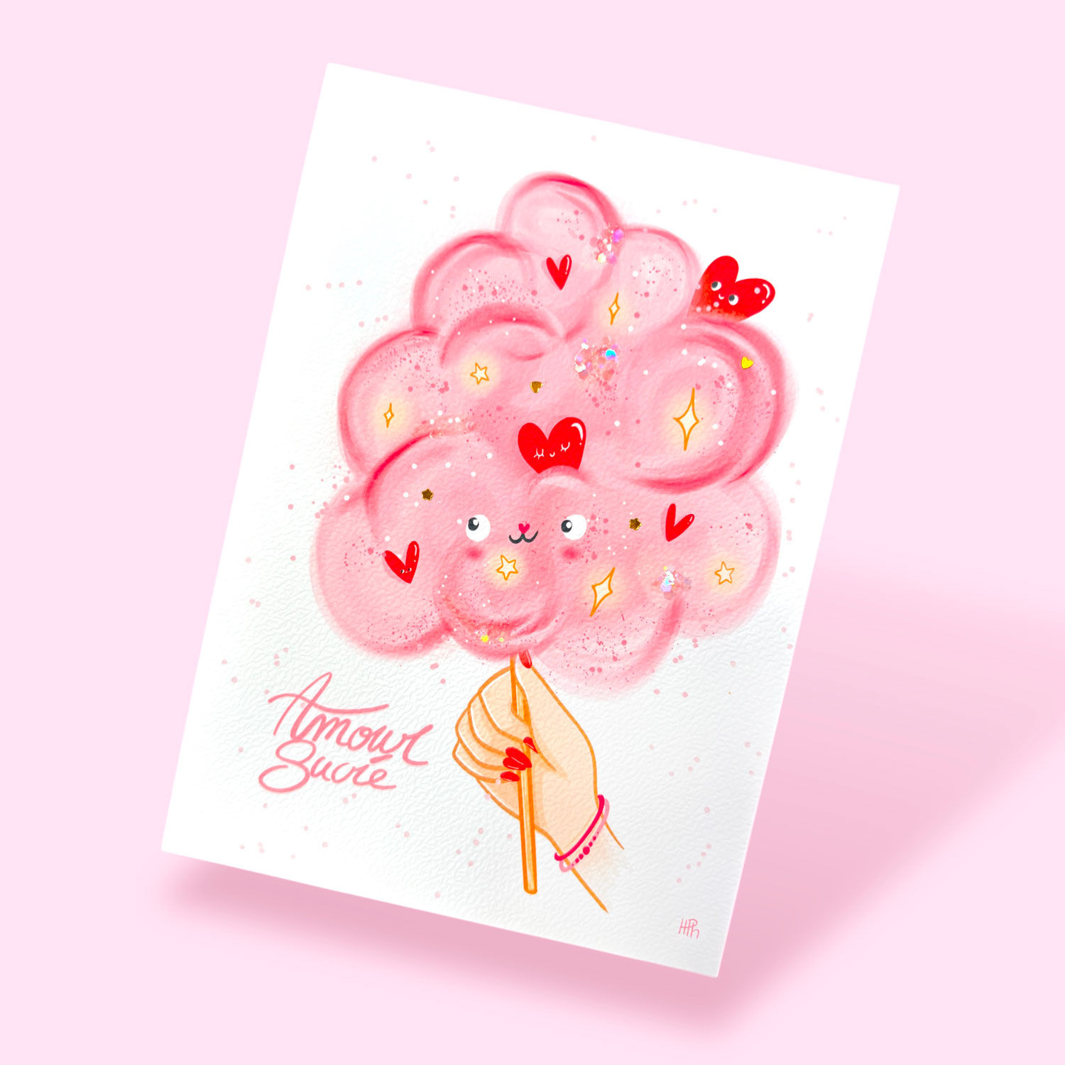 affiche barbe à papa rose à paillettes scintillantes et visage mignon