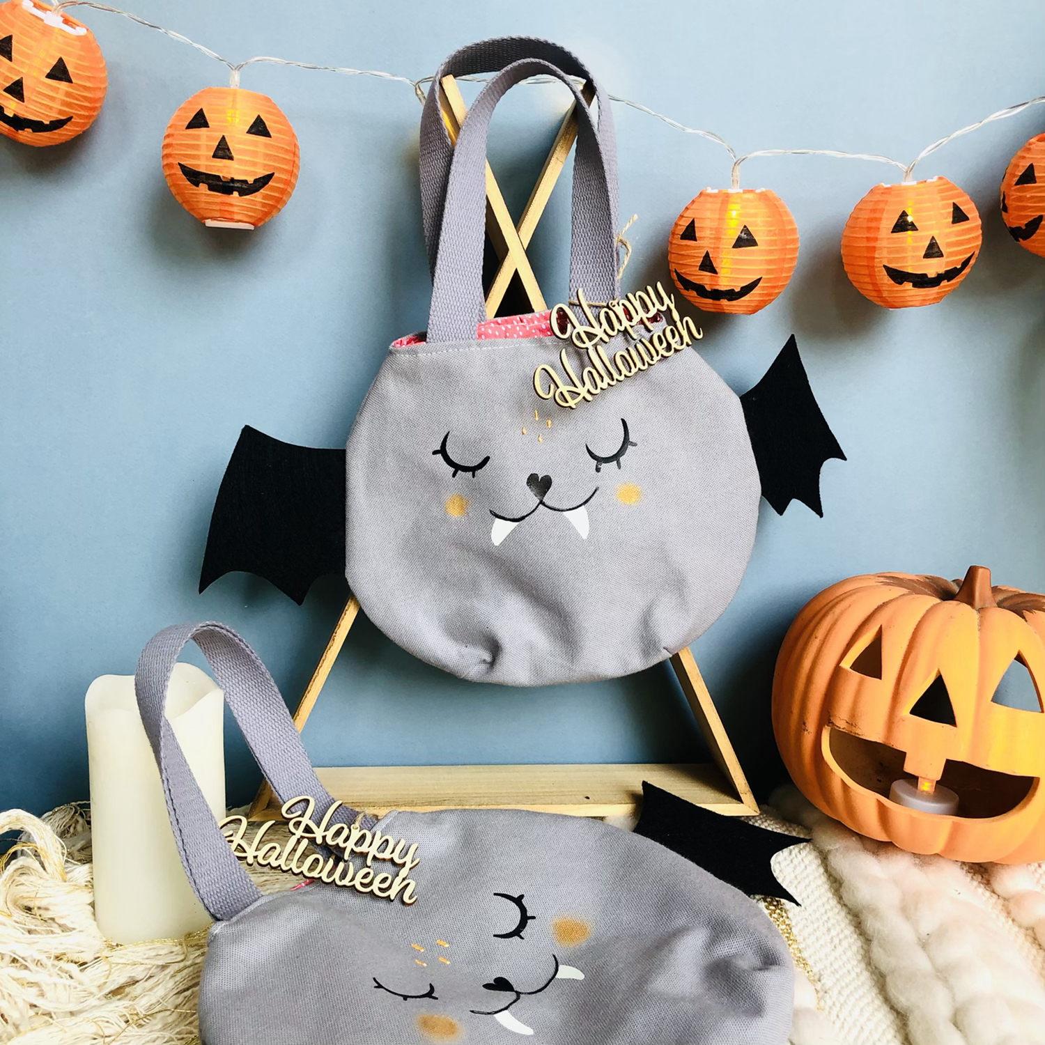 Sac à bonbons chauve-souris d'Halloween pour déguisement enfant phosphorescent et personnalisé