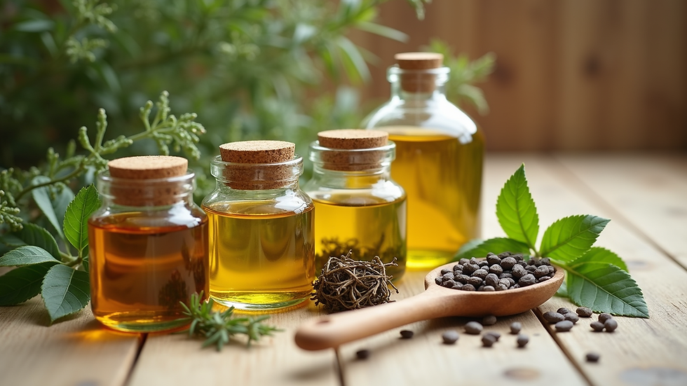 Eye-level view of glass jars filled with natural oils and herbs