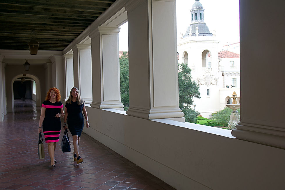 Nancy DeFina and Andrea Spyros walking at Pasadena City Hall