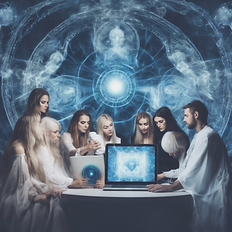 a guild of psychics gathered around a computer doing mediumship, use a lot of white and bl