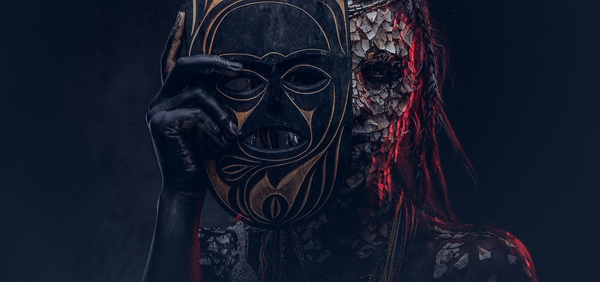 Close-up portrait of a witch from the indigenous African tribe, wearing traditional costum