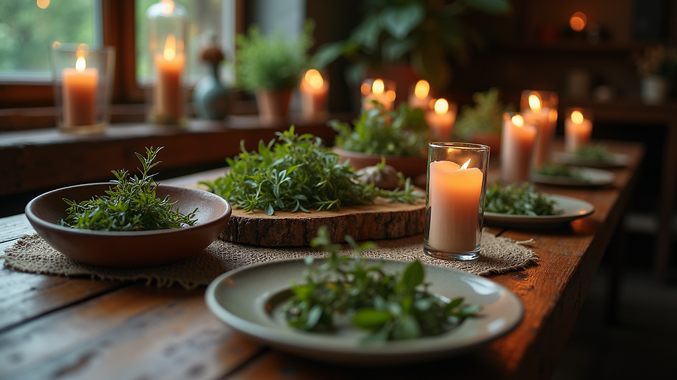 Eye-level view of a rustic wooden table with herbs and candles arranged for a witchcraft ritual