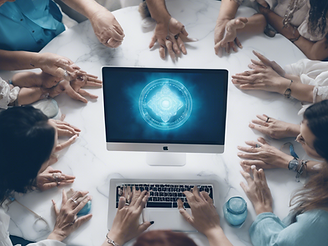 a guild of psychics gathered around a computer doing mediumship, use a lot of white and bl