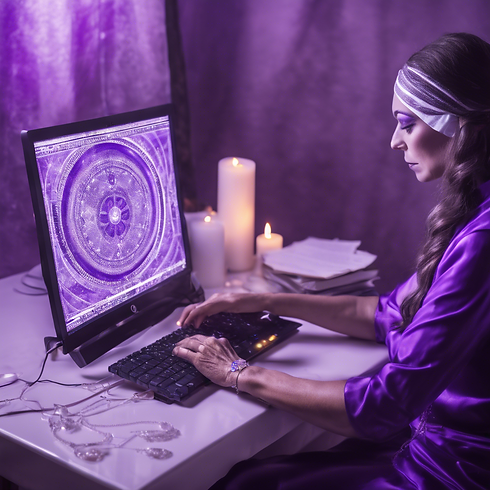 a psychic doing readings on a computer, use purple and white.png