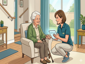 Une accueillante familiale aide une résidente senior. Elles sourient, incarnant la confiance.