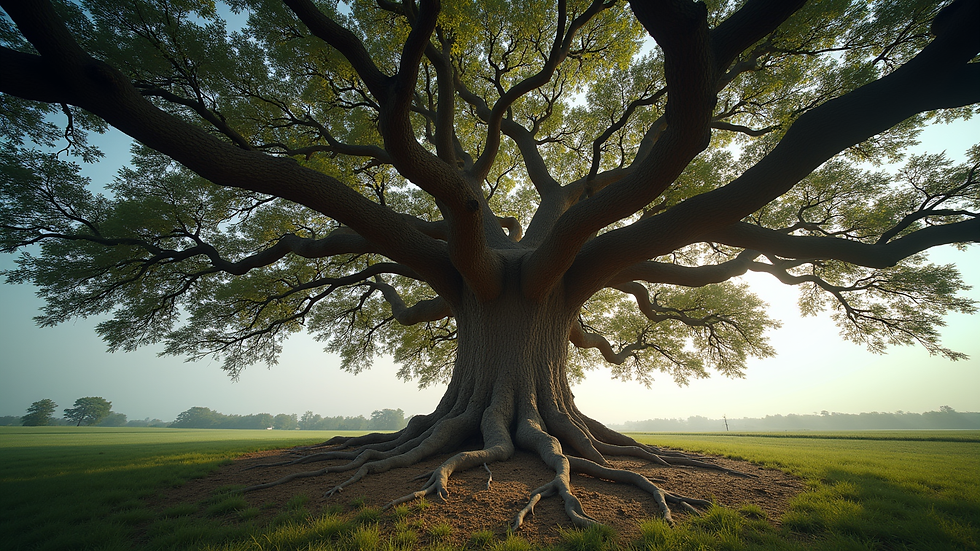 Eye-level view of a majestic ancient tree with sprawling branches