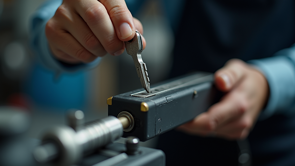 Close-up view of a locksmith cutting a car key with a key cutting machine