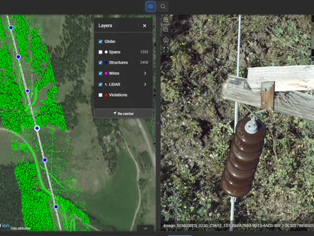HeliosViewer interface displaying synchronized LiDAR and high‑resolution imagery collected simultaneously using the AIC system, showing integrated visualization of utility structures within a unified inspection platform.