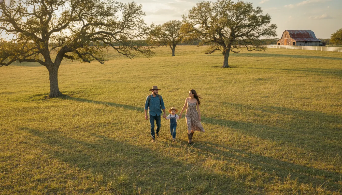 A family walking across open grassy acreage with scattered oaks on a Texas land parcel