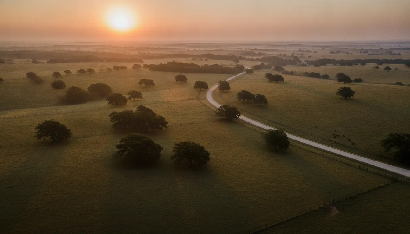 Aerial view of rolling Central Texas ranch land with oak trees and county roads