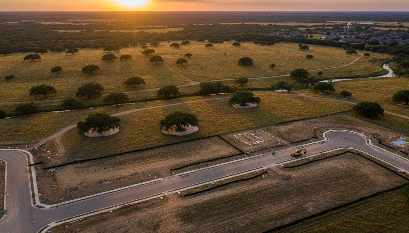 Aerial view of a Central Texas land development with homesites and open fields