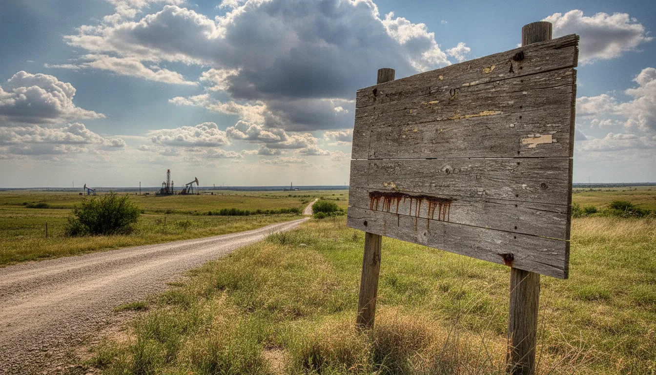 Weather-worn energy lease sign along a gravel road on Texas ranch land