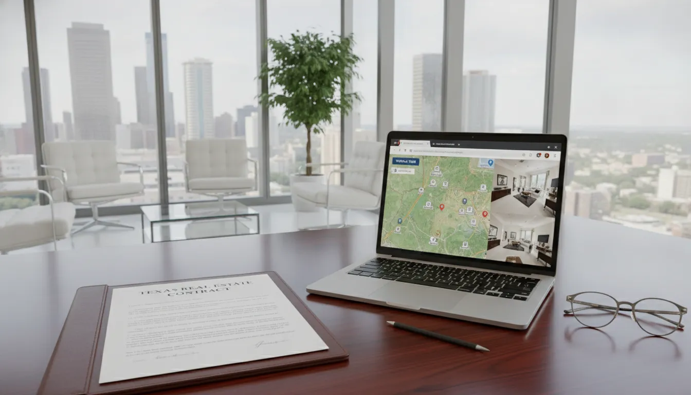 Laptop displaying online contract and property map for remote Texas land purchase closing