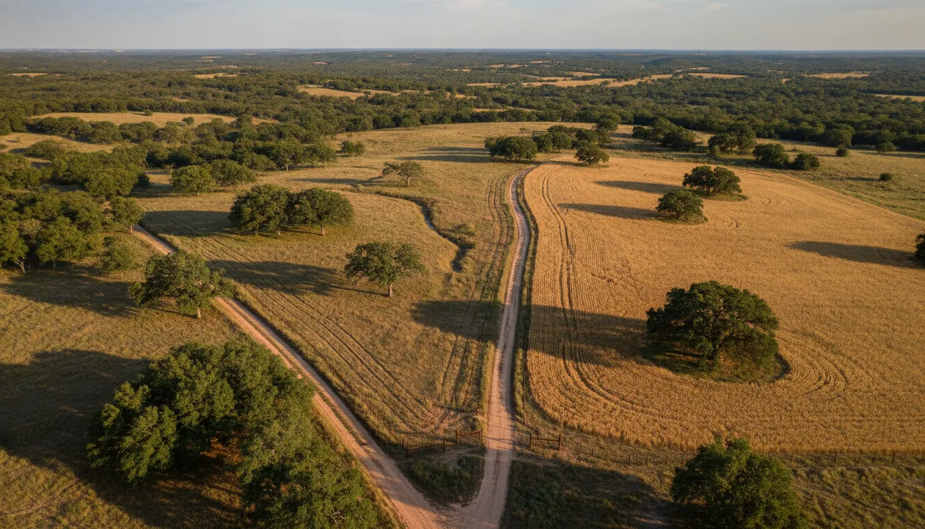 Fence lines and access road defining rural Central Texas acreage