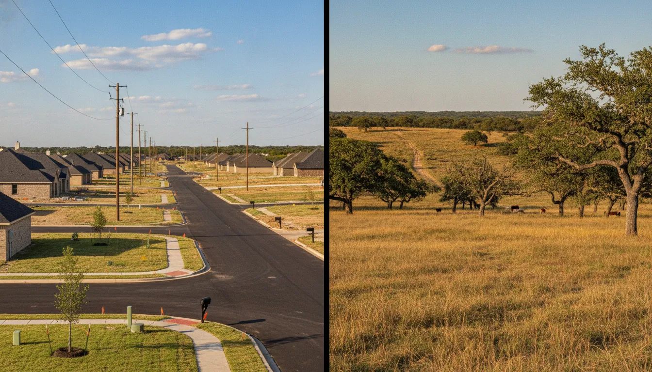 Side-by-side comparison of a developed subdivision lot with utilities and raw undeveloped Texas ranchland