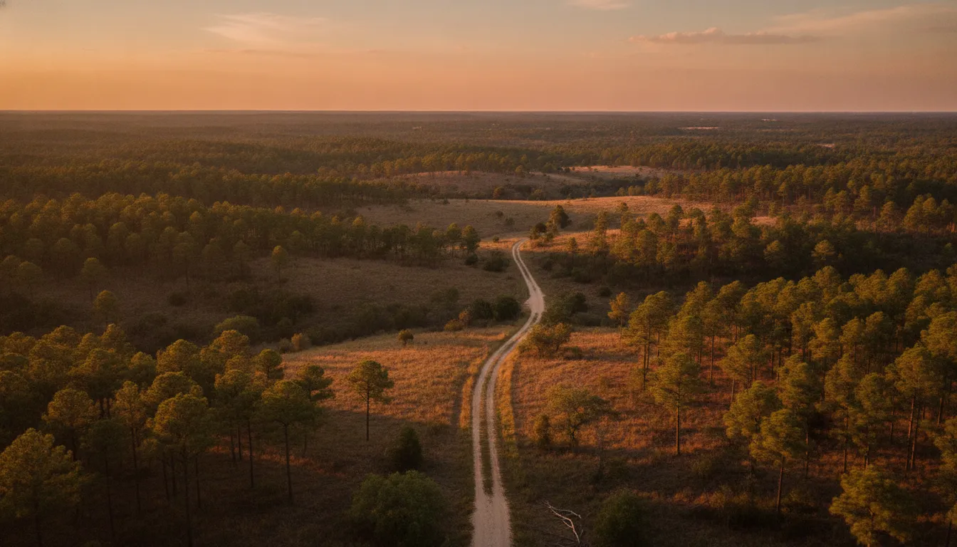 Countryside land in Bastrop County, TX with a quiet rural road among pines and oaks