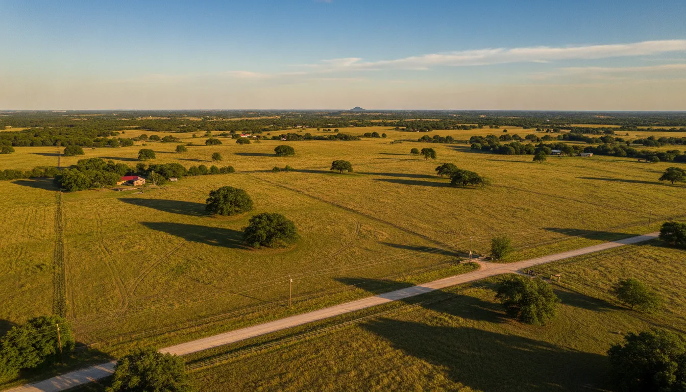 Aerial drone view of rural Texas acreage with visible boundary lines, county road access, and scattered live oaks under blue sky