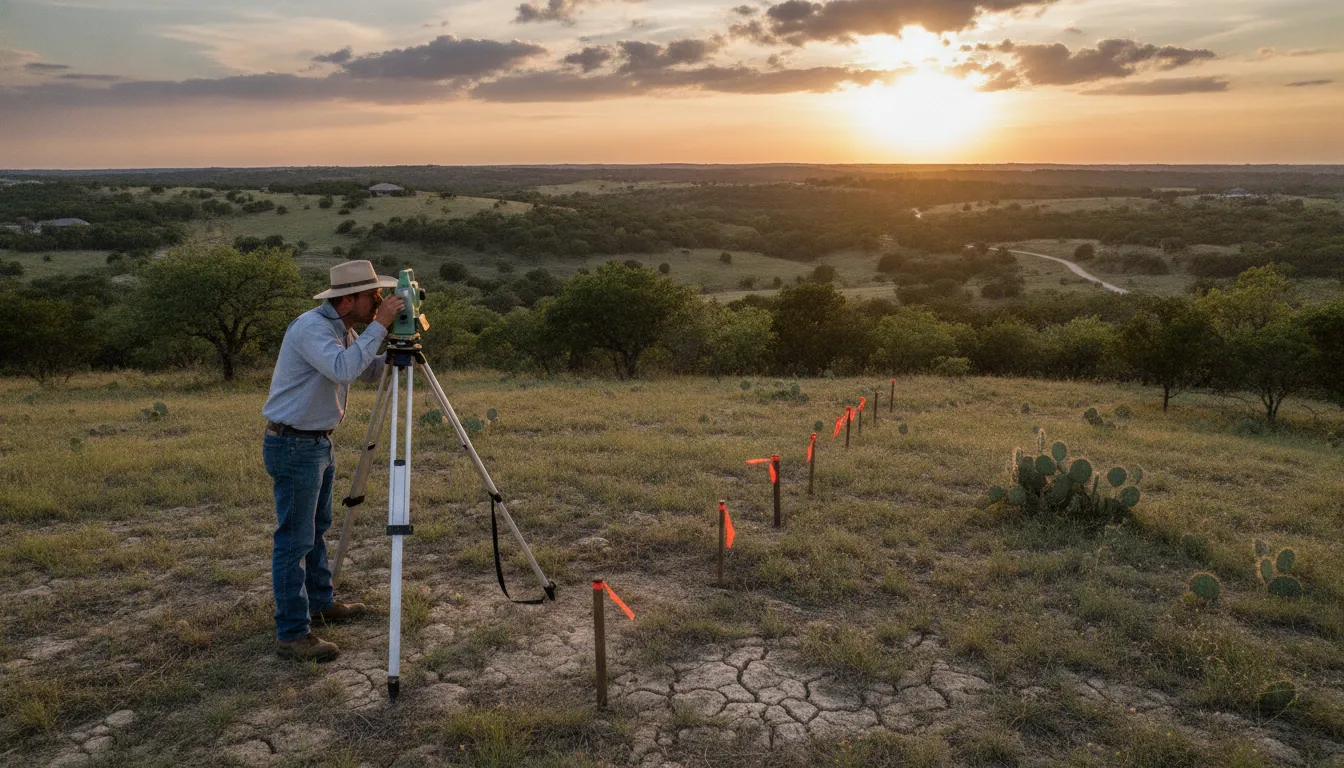 Licensed surveyor measuring rural Central Texas acreage