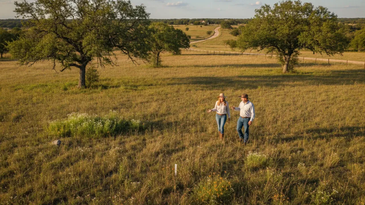 Compradores evaluando una parcela rural de Central Texas durante una visita de terreno