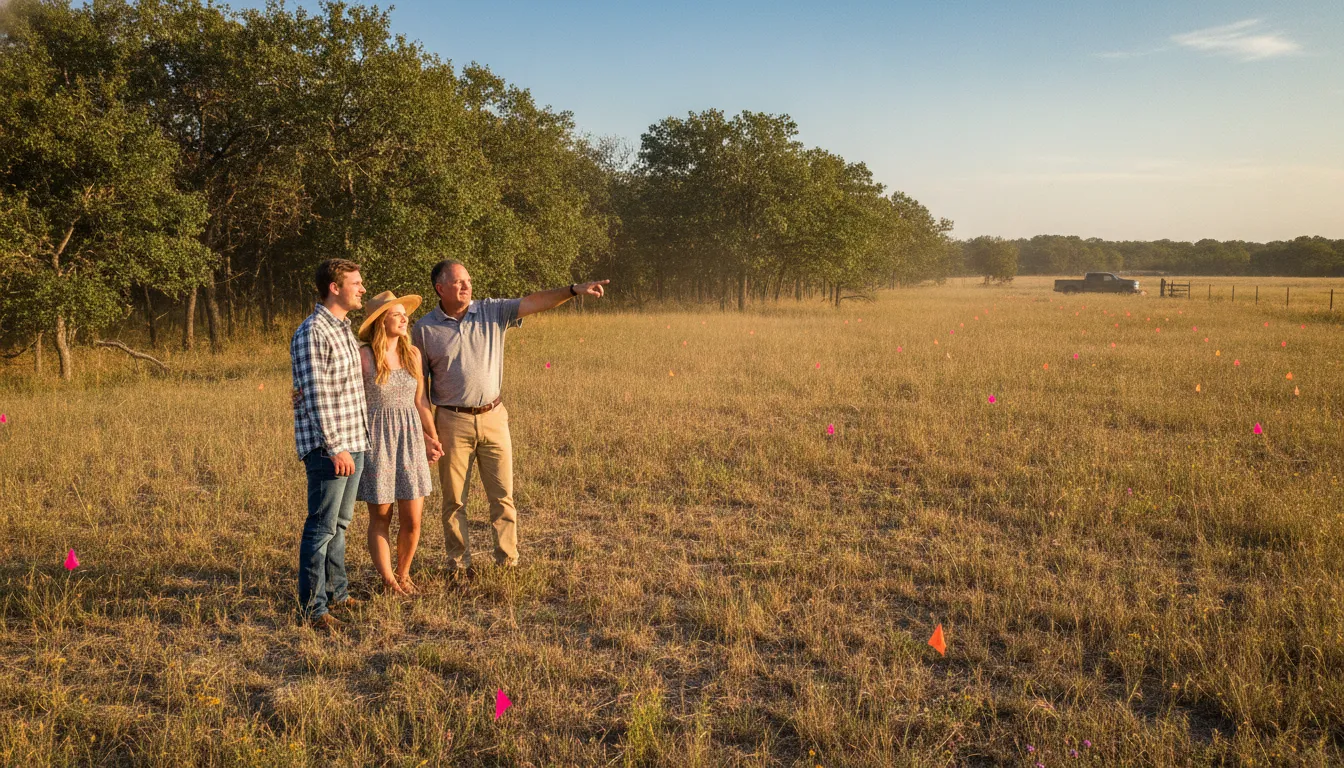 Couple and a land developer walking the boundary of a rural Central Texas property with survey flags in the grass