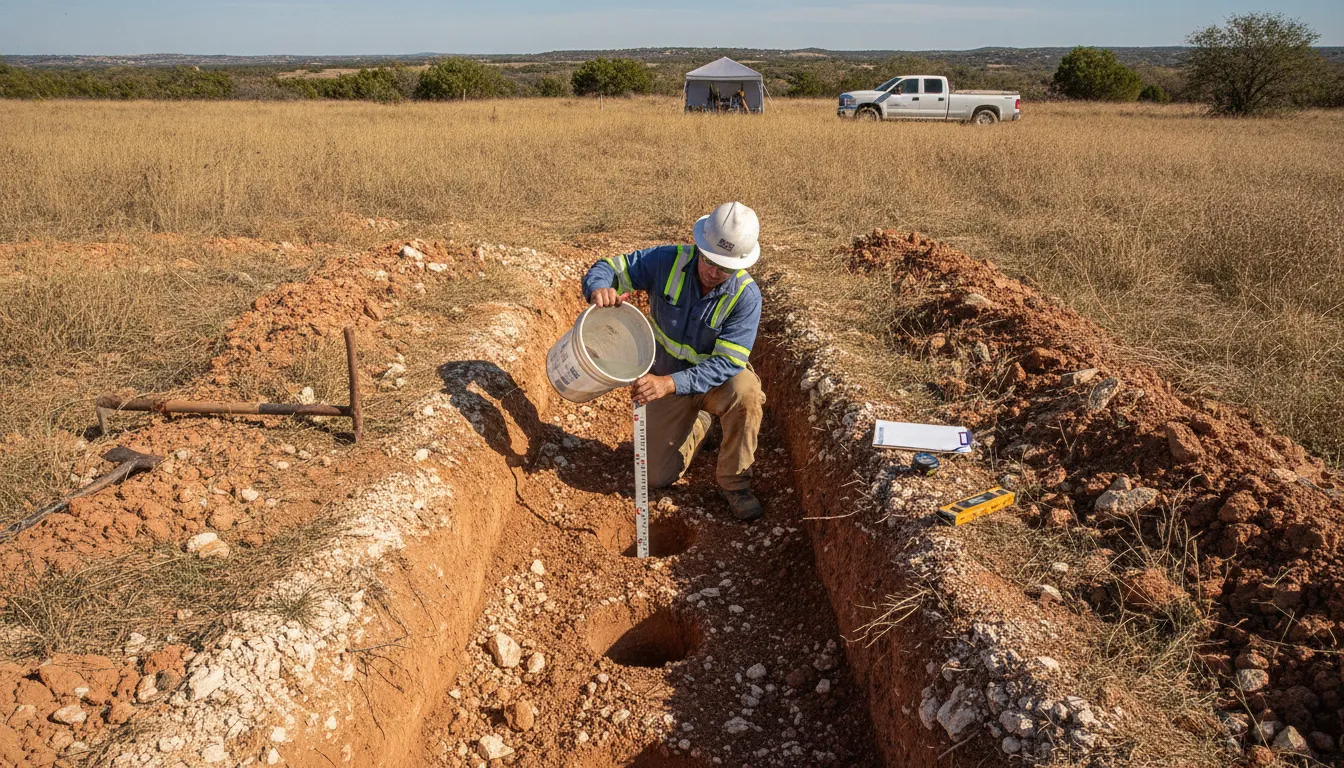 Technician evaluating soil conditions on rural Central Texas acreage
