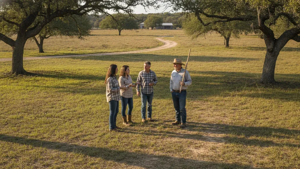 Familia evaluando un terreno rural de Central Texas con un profesional local
