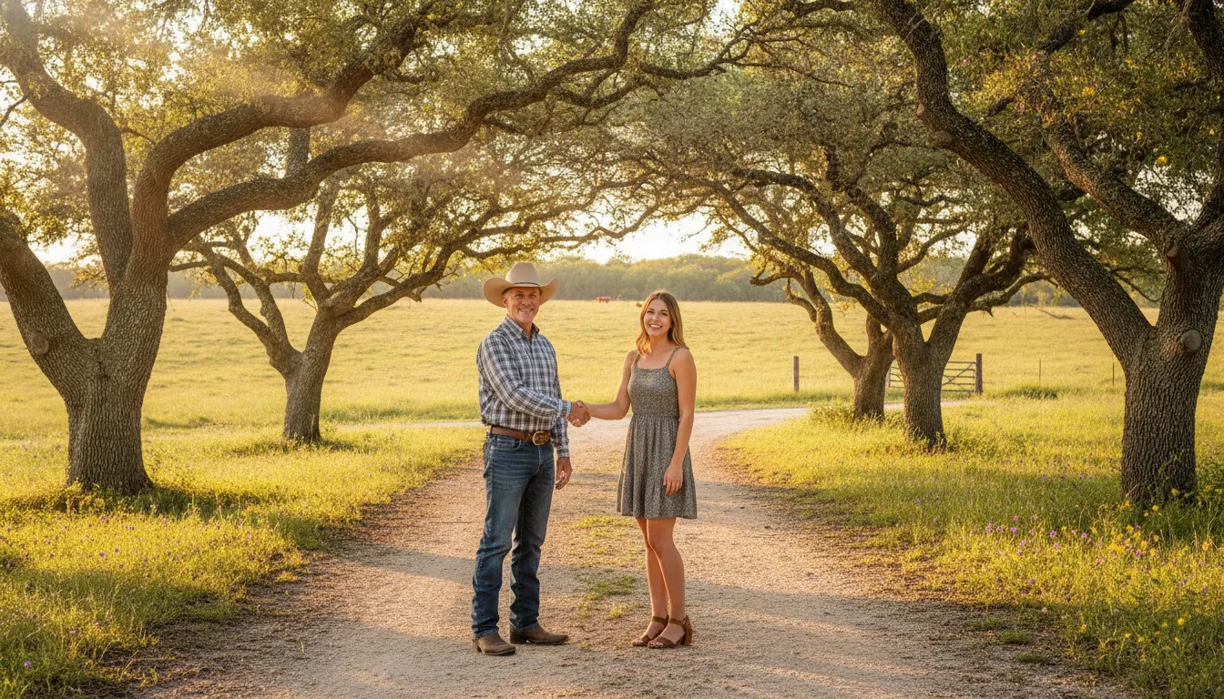 Land seller shaking hands with a couple on a Central Texas country lane