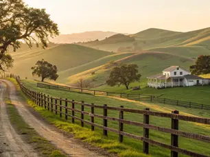 Buying rural land_ Green hills, dirt road, and wooden fence at sunset.