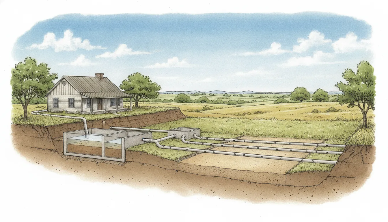 Cutaway illustration of a conventional septic system on rural Texas land