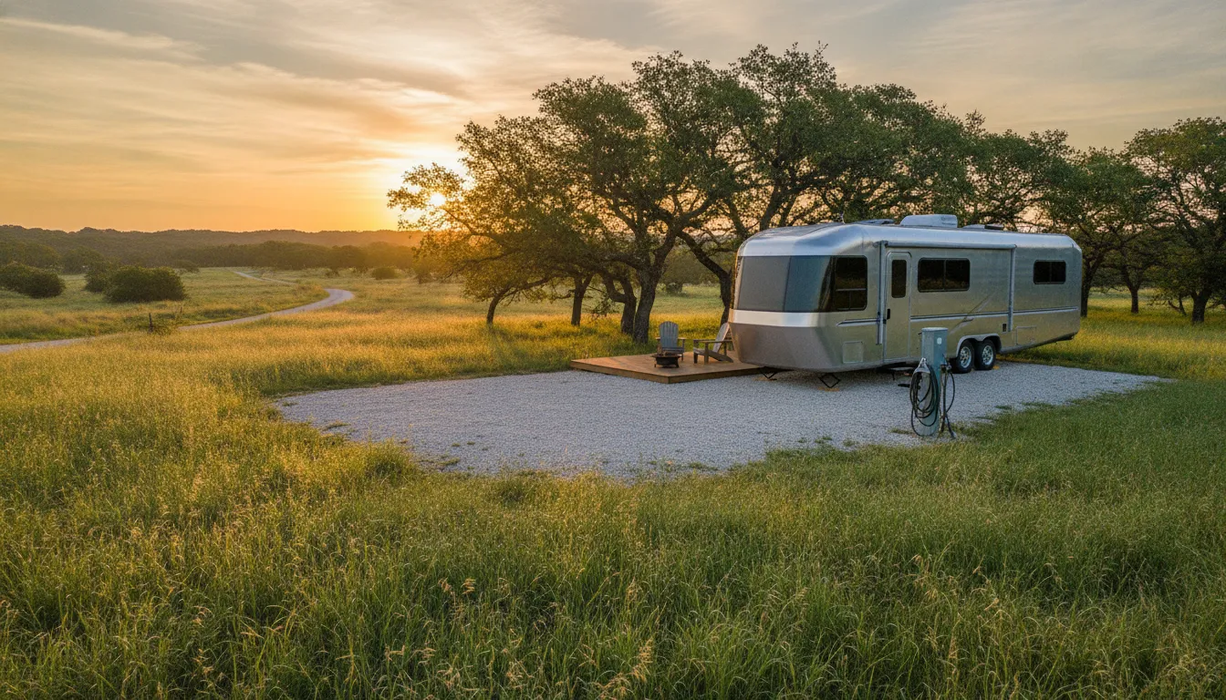 Recreational vehicle parked on a wide open rural Texas lot at sunrise with oak trees in the background