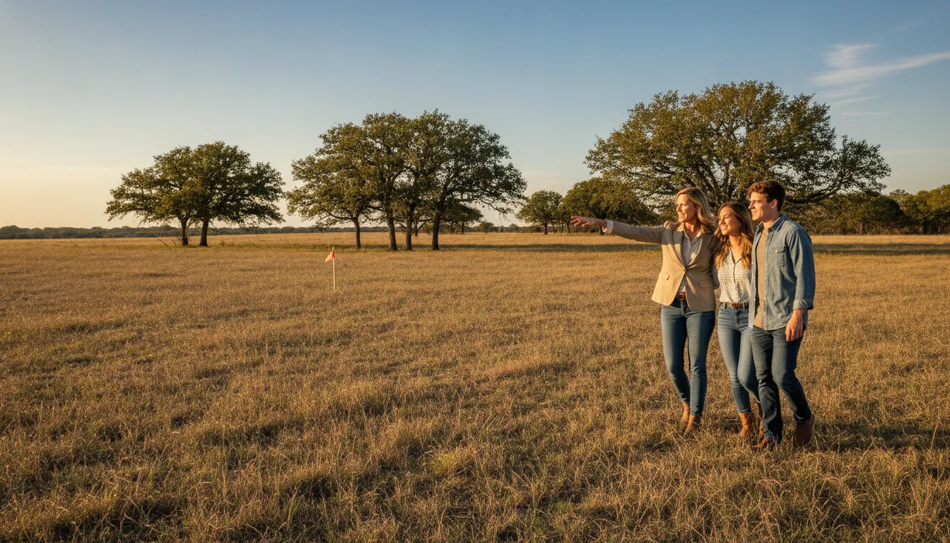 Real estate professional walking with a buyer across an open Central Texas property