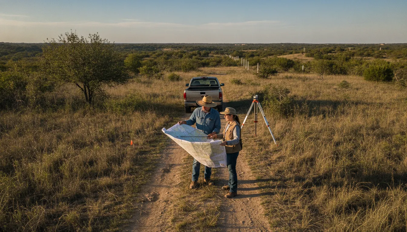 New landowner reviewing a survey map with a surveyor on rural Texas acreage with boundary markers