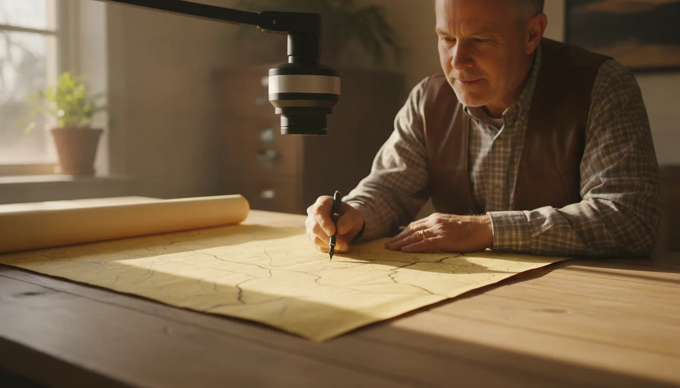 Surveyor reviewing a property map and deed records on a rural Texas desk
