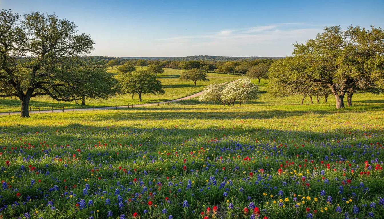 Scenic Texas Hill Country landscape with oak trees and open pasture near New Braunfels