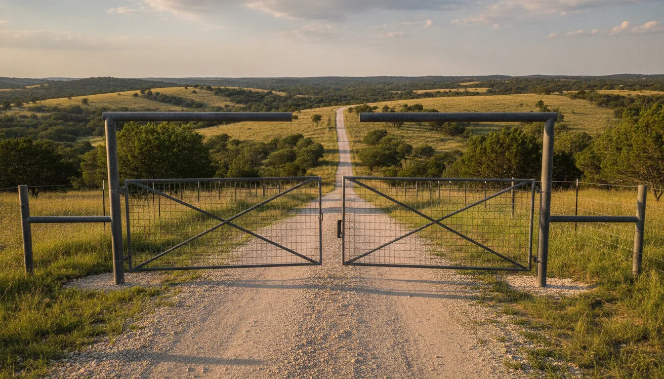 Woven wire and pipe gate fence at the entrance of a rural Texas property with a gravel road and hills behind