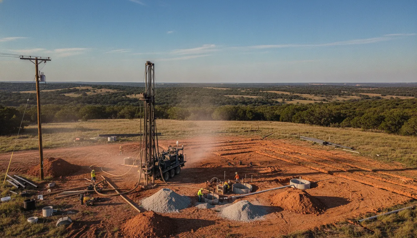 Rural Texas property with well drilling equipment and utility pole under blue sky