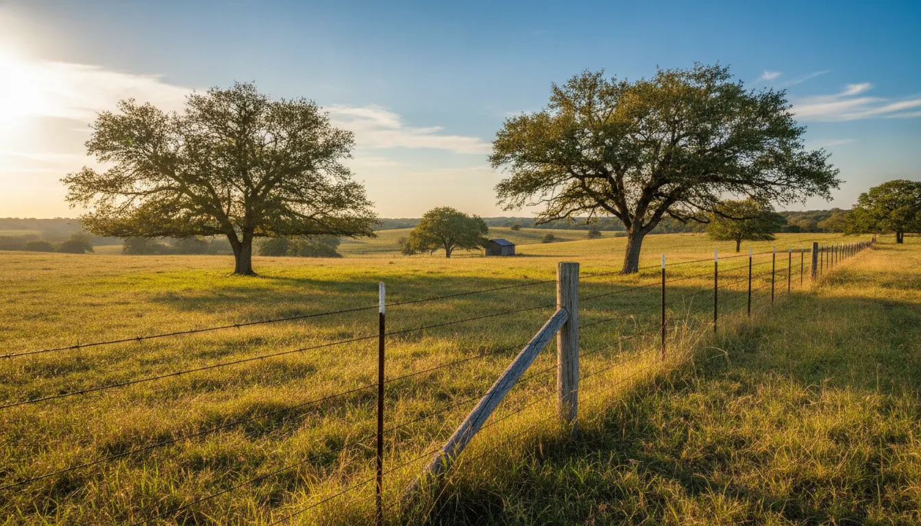 Barbed wire fence along the boundary of rural Central Texas pasture with live oaks and open sky