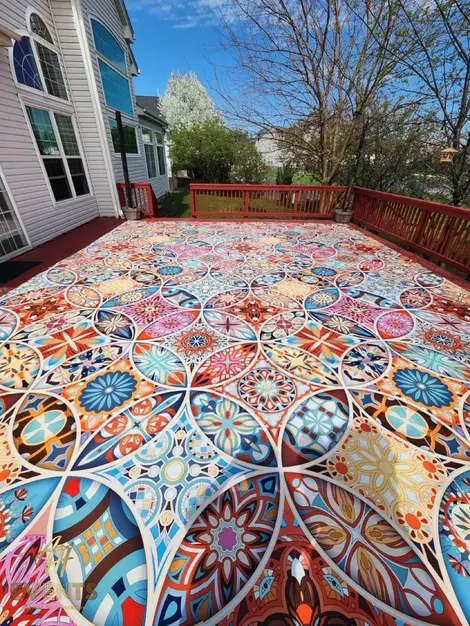 a colorful rug on a patio with a house in the background