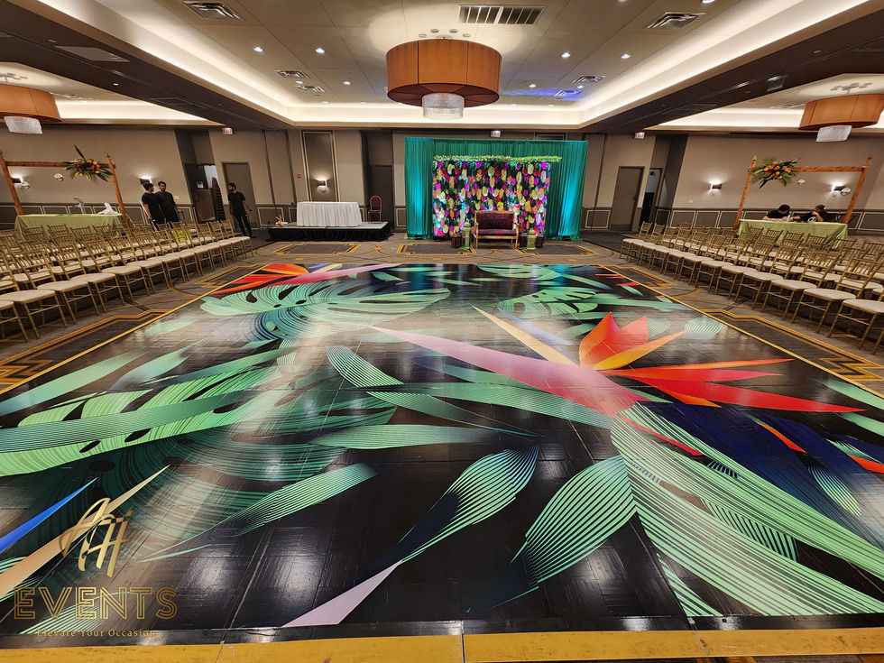 Bespoke custom-printed vinyl wrap featuring high-resolution patterns and event-specific floor designs.