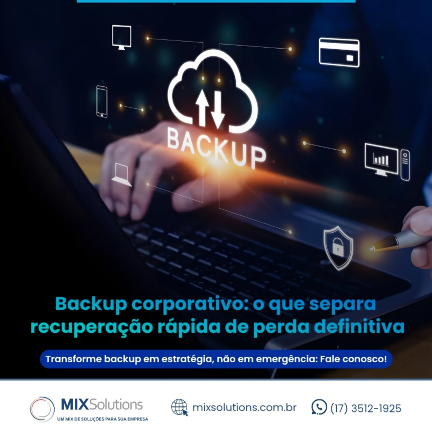 Imagem de um profissional trabalhando em um laptop, com um ícone de nuvem iluminado no centro representando backup corporativo. Ao redor da nuvem, ícones menores conectados simbolizam dispositivos como computadores, smartphones e servidores.