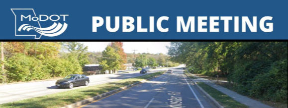 MoDot logo with Public Meeting and image of vehicles traveling on Bannister Road in KCMO