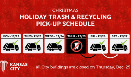 Holiday Trash and recycling schedule showing no pickup on December 25 so Thursday will pickup on Friday, Friday on Saturday