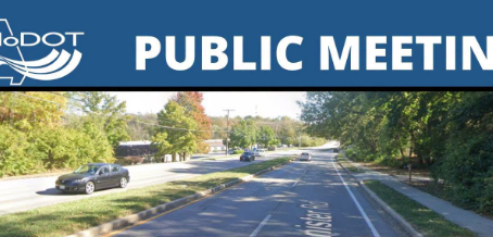 MoDot logo with Public Meeting and image of vehicles traveling on Bannister Road in KCMO