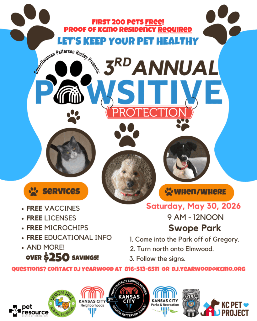 KCMO flyer for it's 3rd annual pet protection event - pawsitive protection - on May 30 from 9am to noon at swope park.