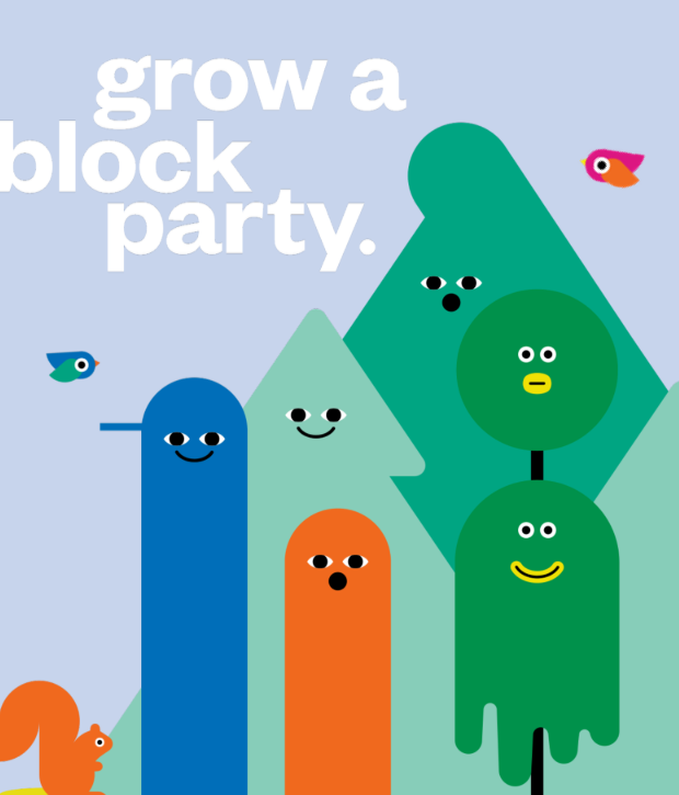 Cartoon tree shapes with faces and words Grow a block party