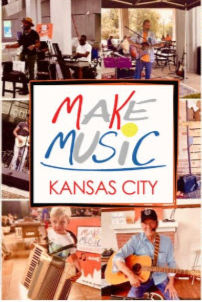 Make Music Kansas City logo surrounded by images of citizens holding musical instruments in various settings