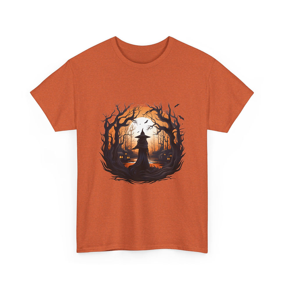 Thumbnail: Halloween Witch Silhouette T-Shirt — Spooky Forest Sunset Tee